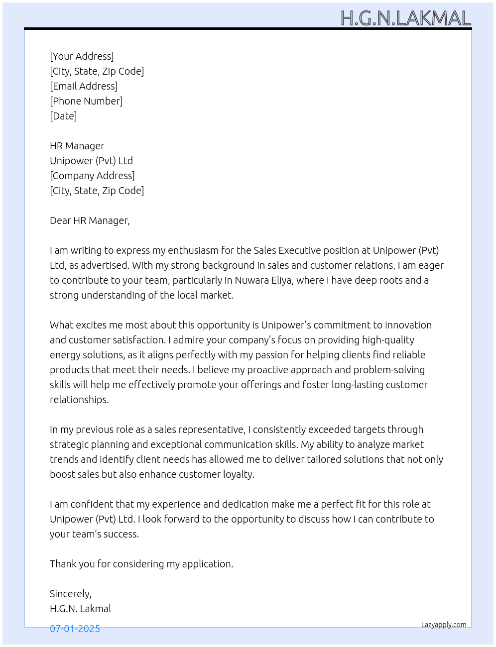 Sales Executive At Unipower (Pvt) Ltd Cover Letter