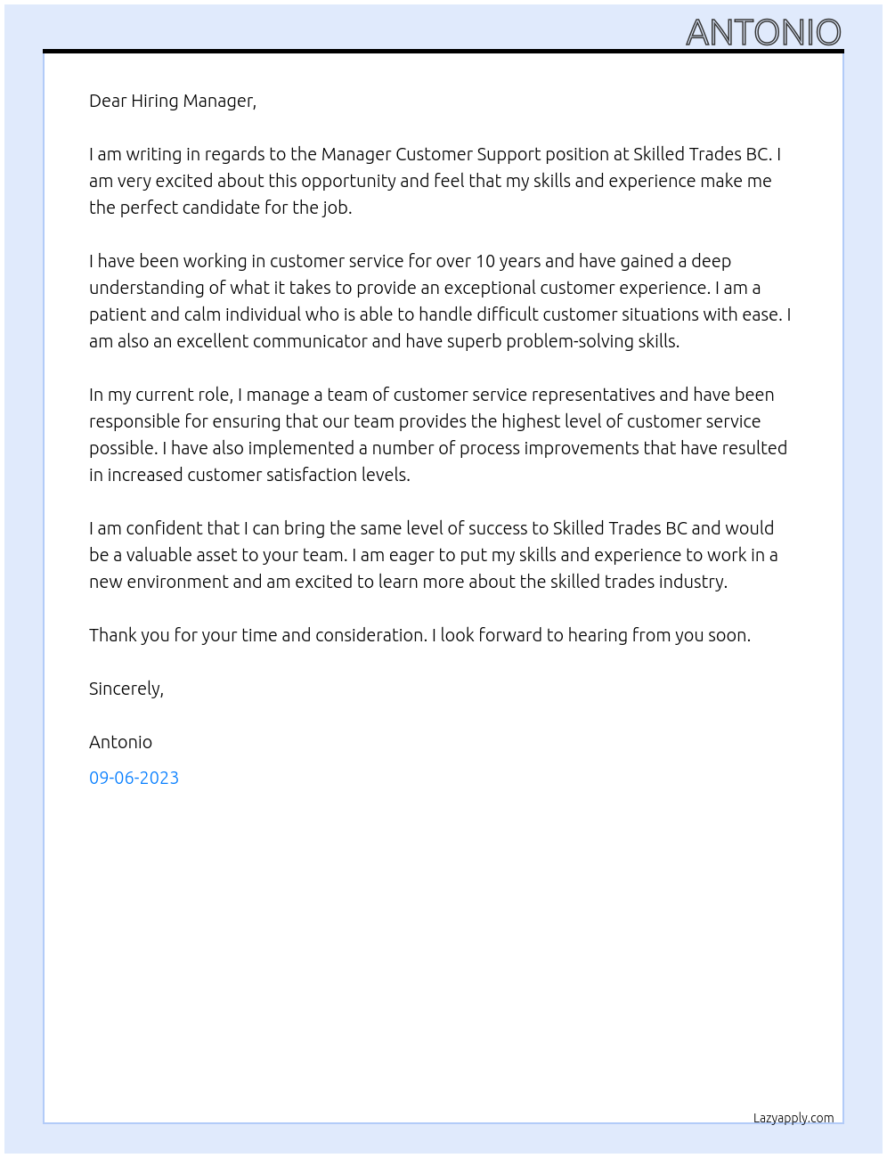 Manager Customer Support At Skilled Trades BC Cover Letter