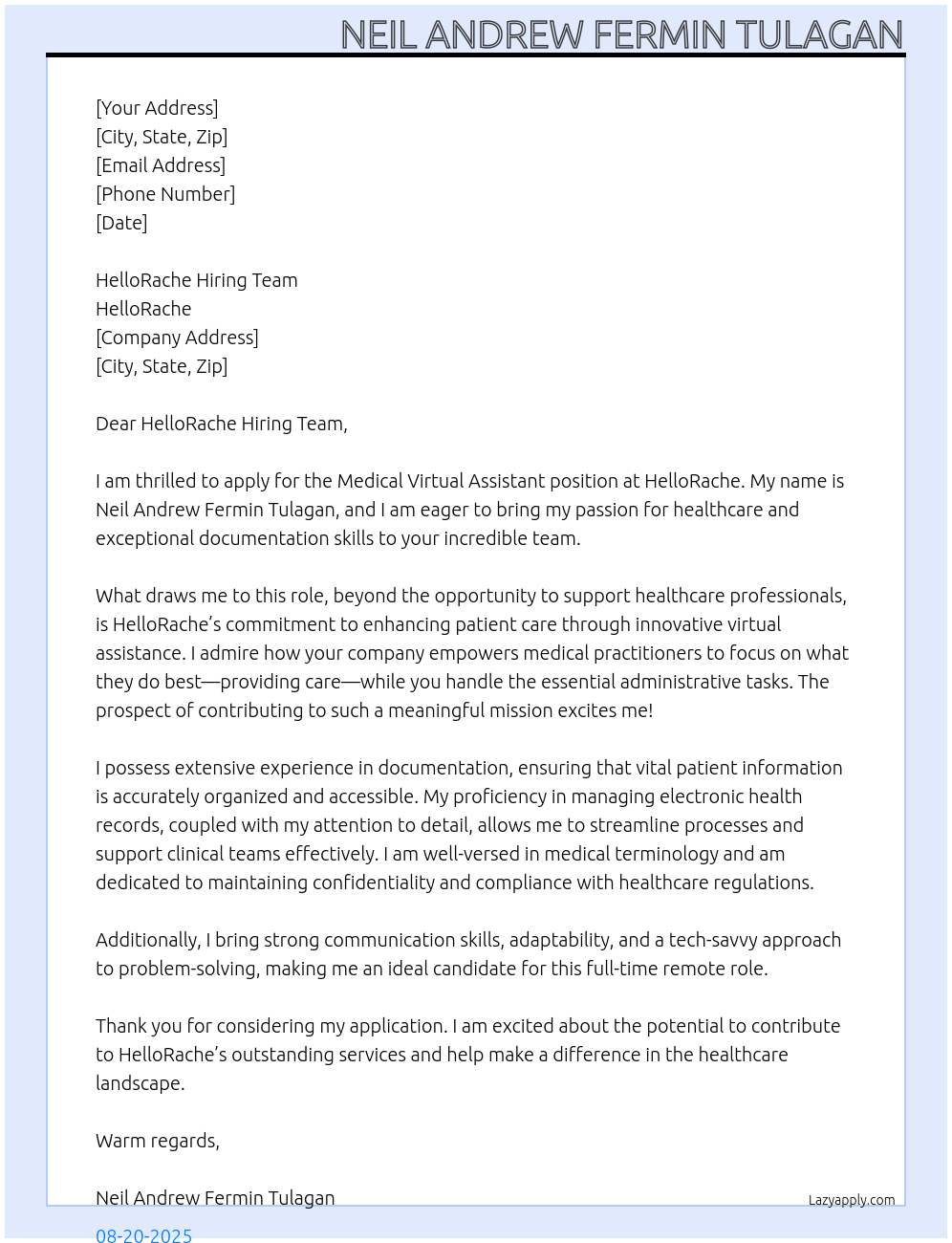 Medical Virtual Assistant At HelloRache Cover Letter