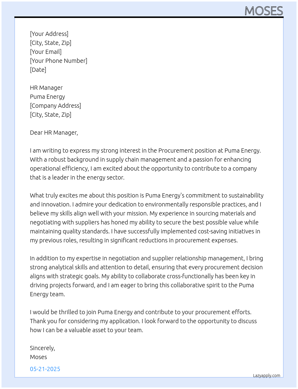 Procurement At Puma Energy Cover Letter