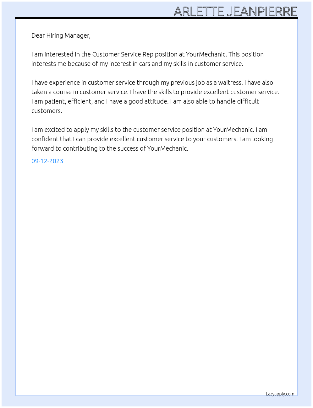 Customer Service Rep At YourMechanic Cover Letter