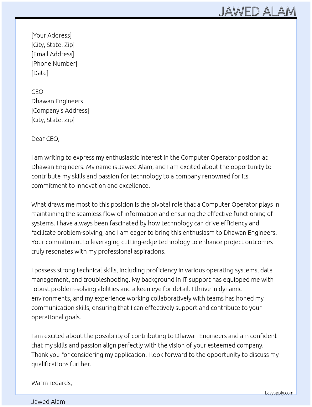 Computer Operator At Dhawan engineers Cover Letter