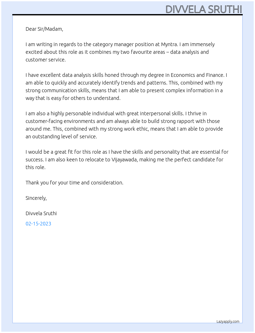 category manager At myntra Cover Letter