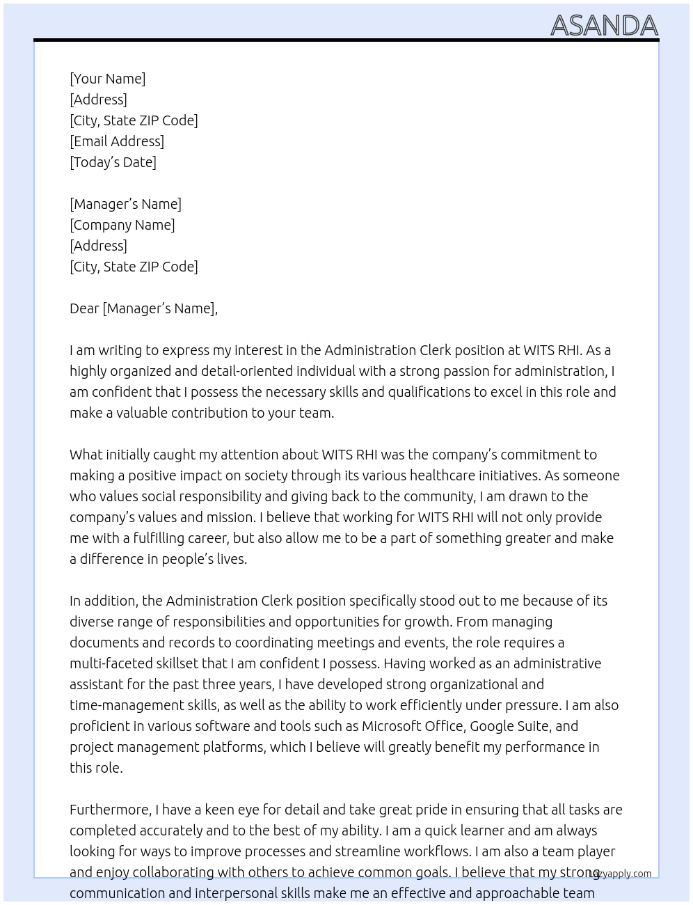 Administration Clerk At WITS RHI Cover Letter