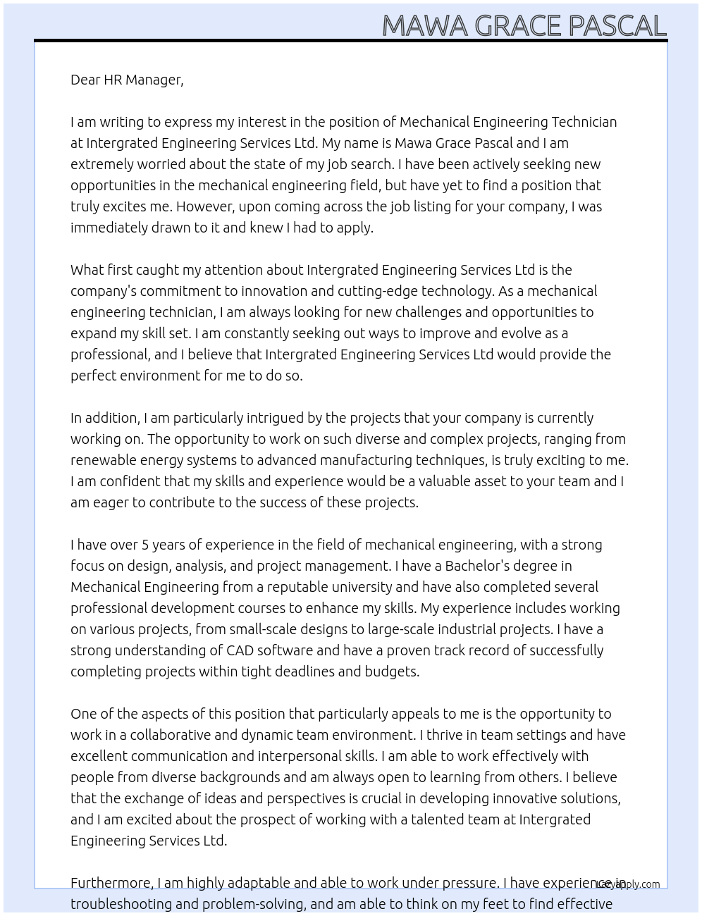 Mechanical engineering Technician At Intergrated Engineering Services Ltd Cover Letter