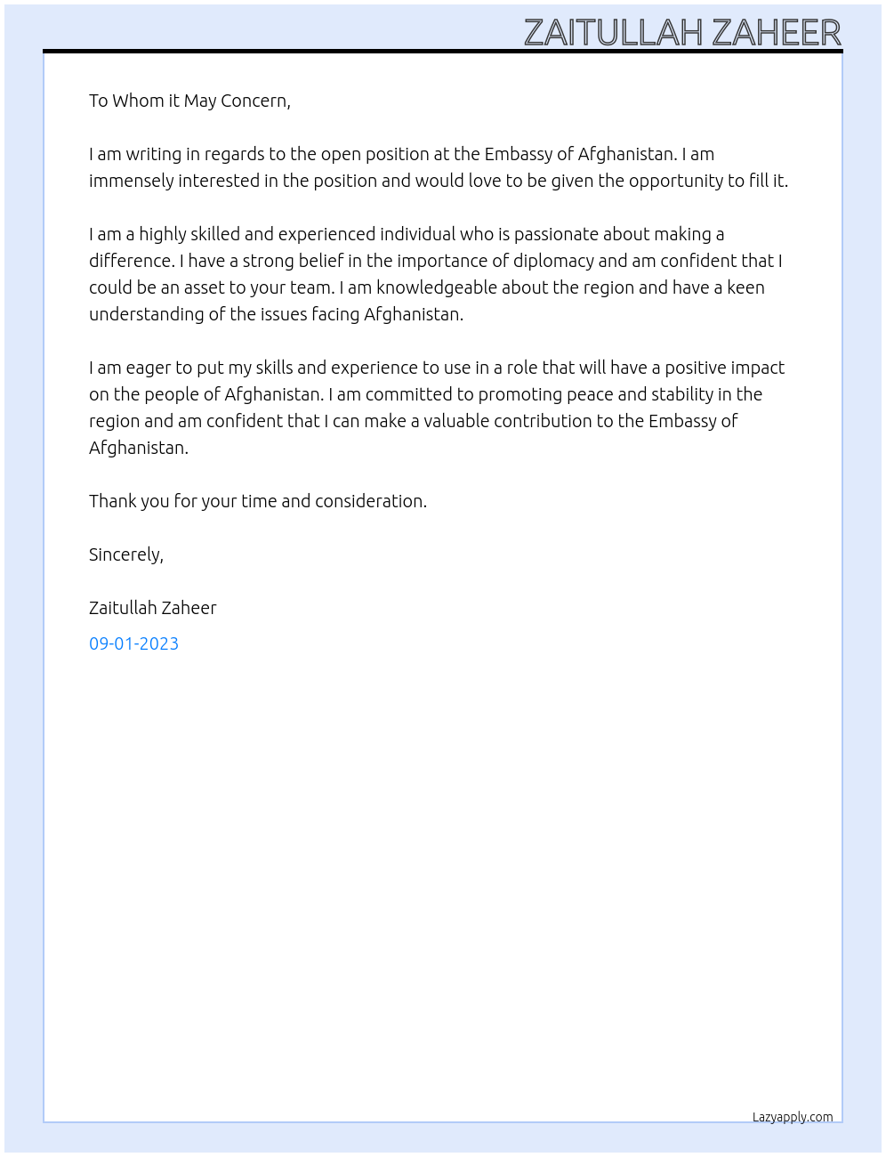 Any job At EMBASSY  Cover Letter