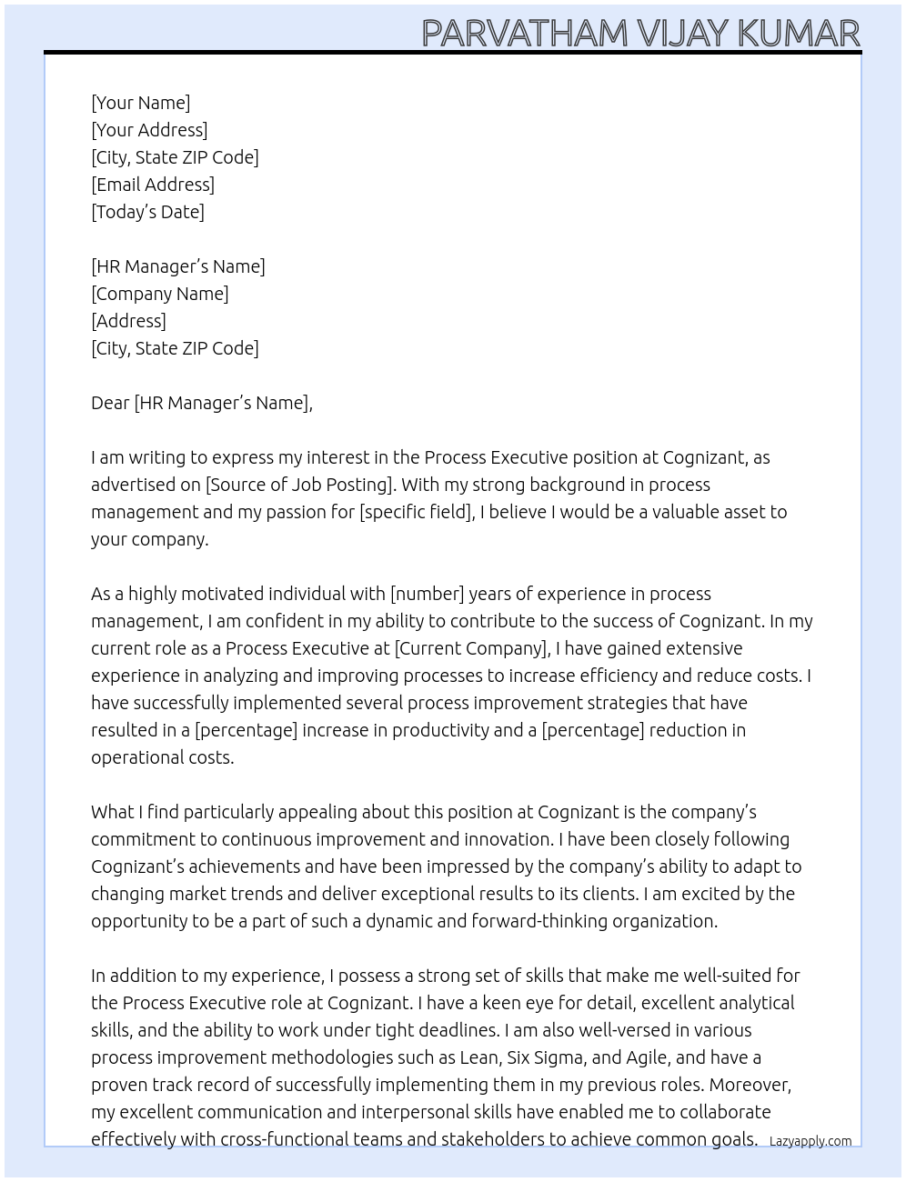 process executive At cognizant Cover Letter