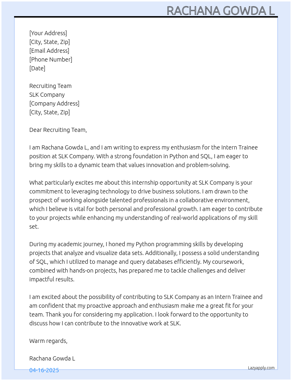 Intern Trainee  At SLK company  Cover Letter