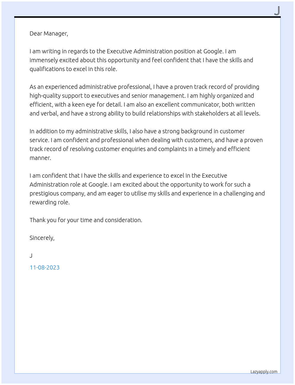 Executive Administration  At Google  Cover Letter