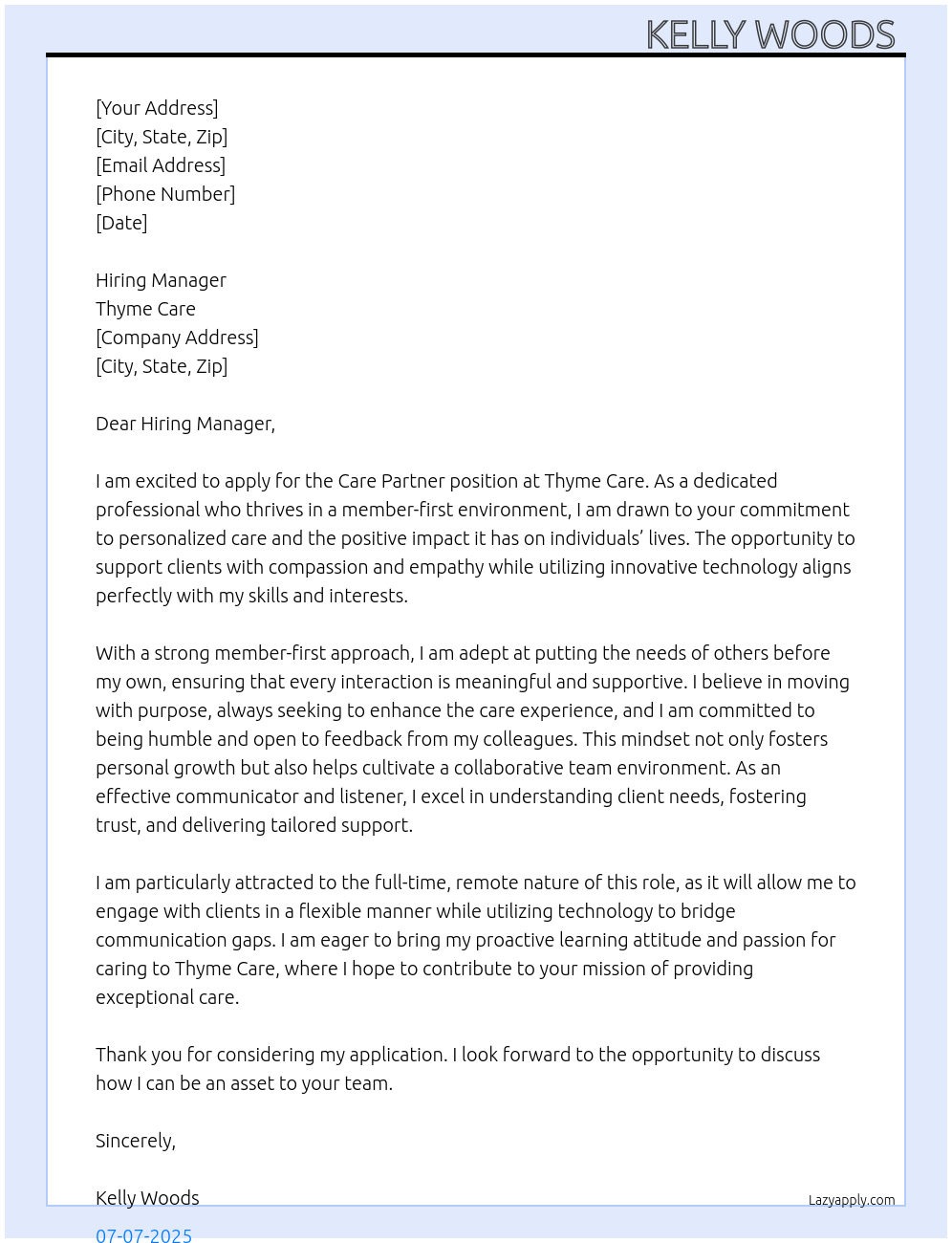 Cover letter for care partner - LazyApply