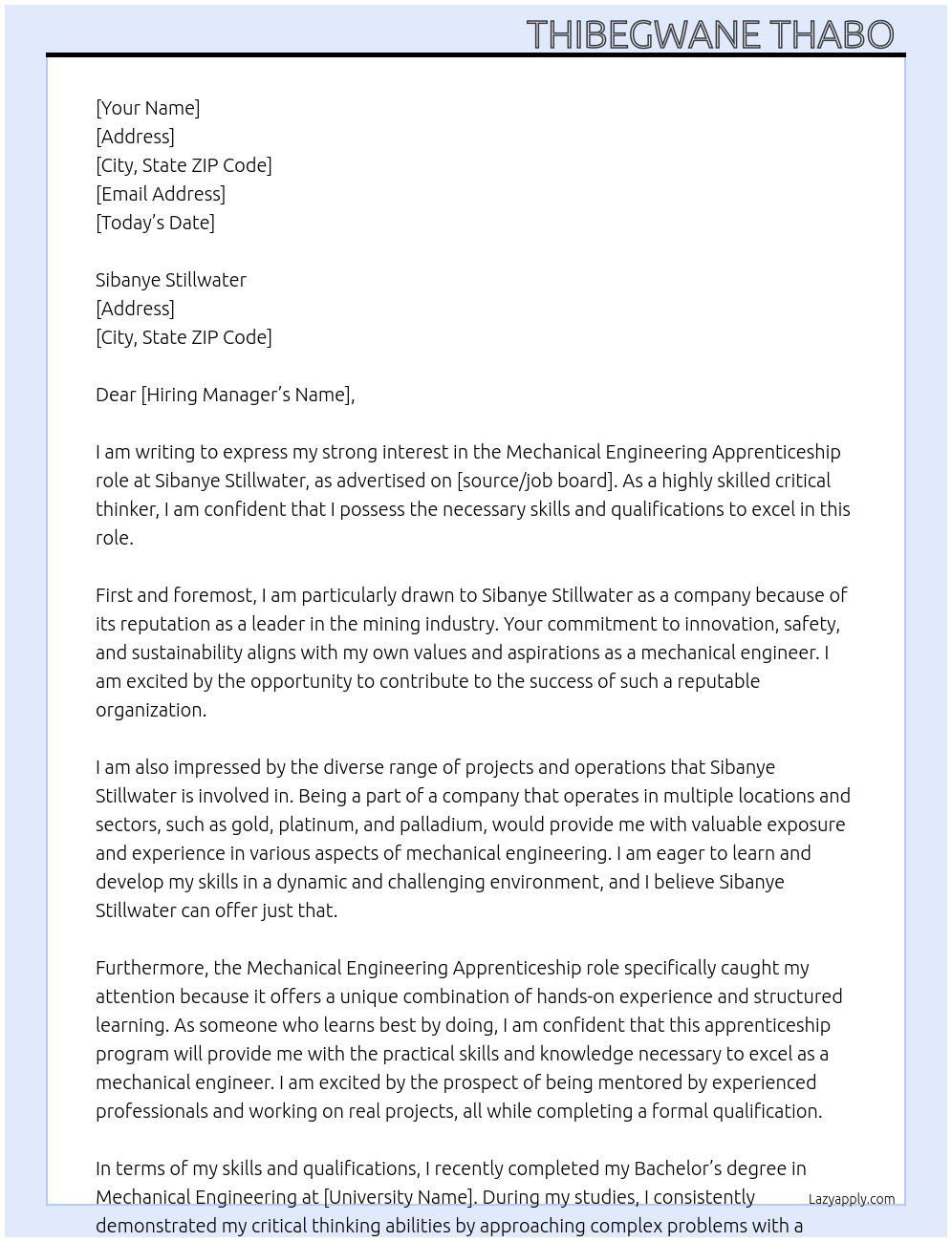 Mechanical engineering apprenticeship  At Sibanye Stillwater  Cover Letter