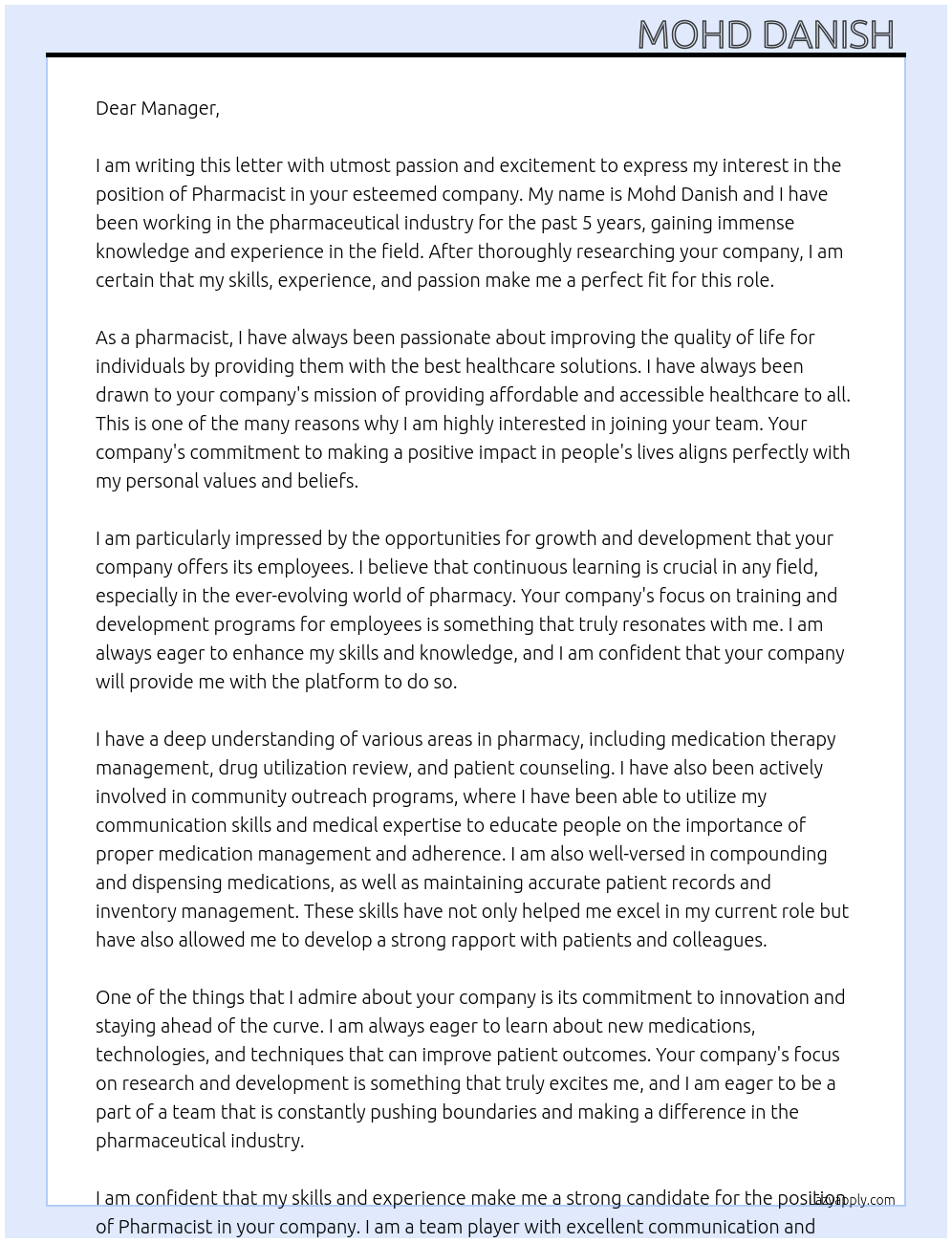 Pharmacist At For any company Cover Letter