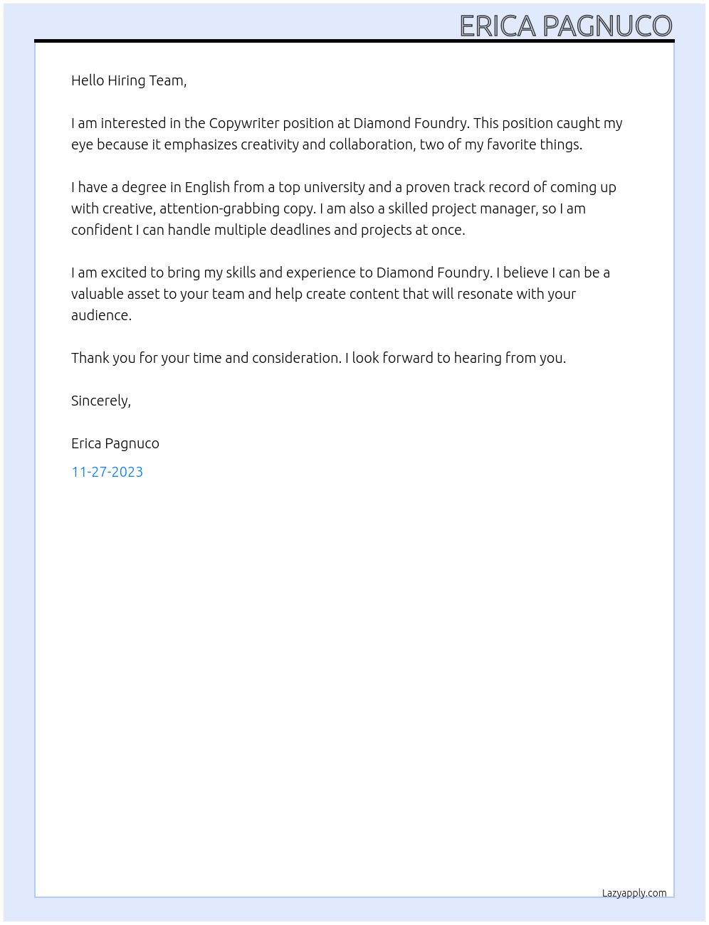 Copywriter At Diamond Foundry Cover Letter