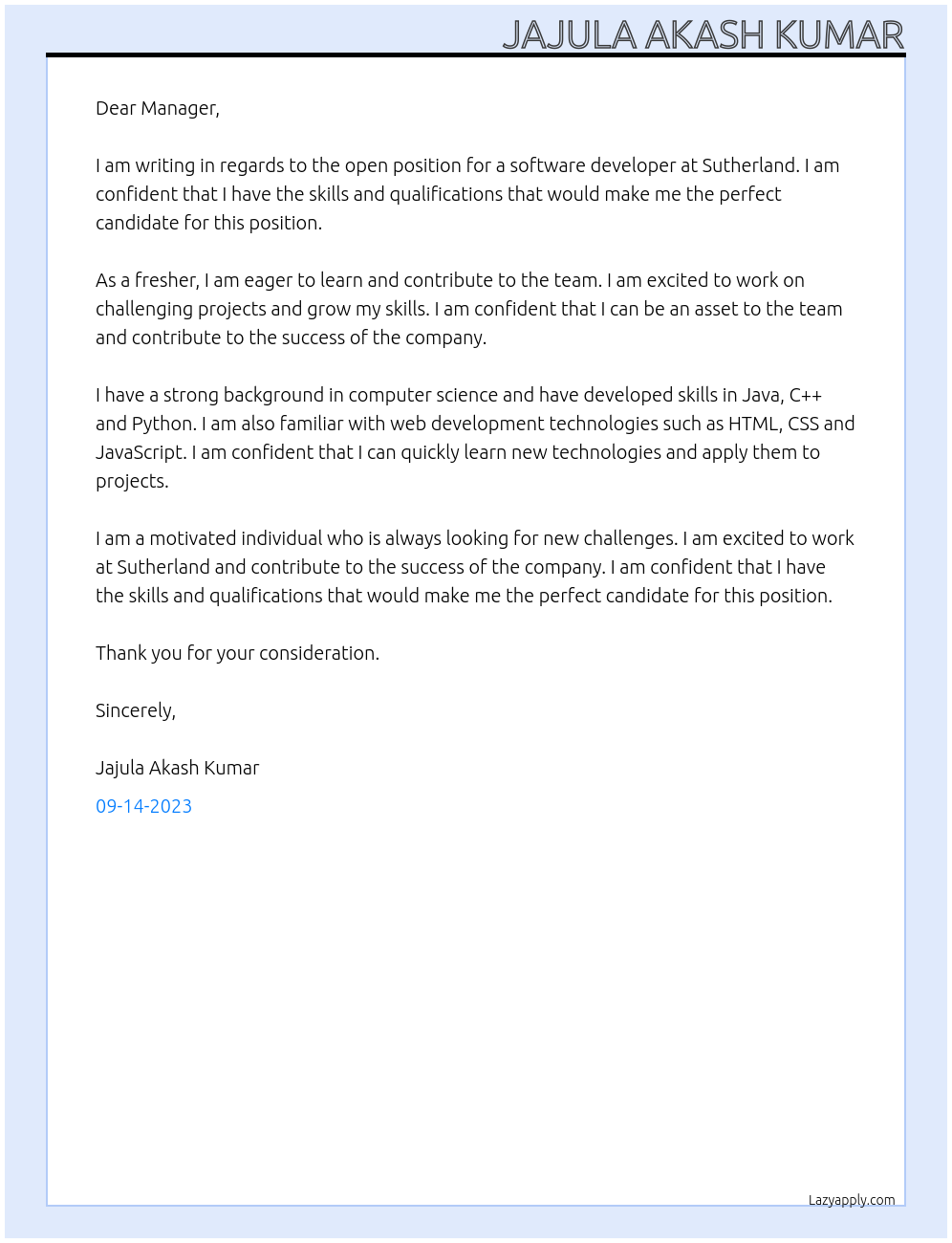 software developer fresher At sutherland Cover Letter