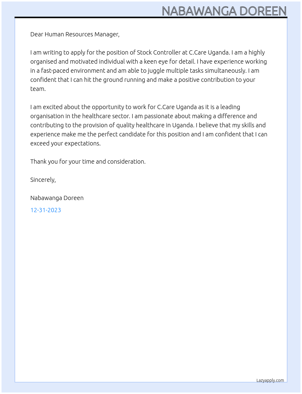 Stock controller At C.Care Uganda Cover Letter