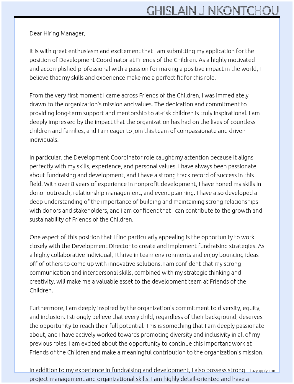 Development Coordinator At Friends of the Children Cover Letter