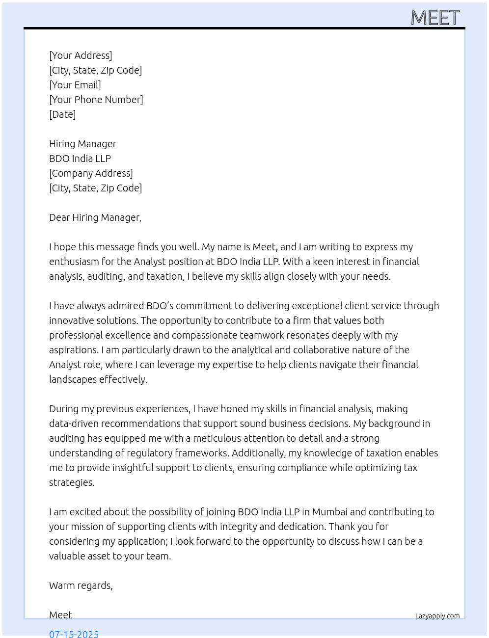 Analyst At BDO India LLP Cover Letter