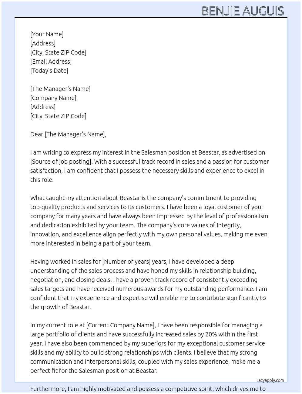 Salesman At Beastar Cover Letter