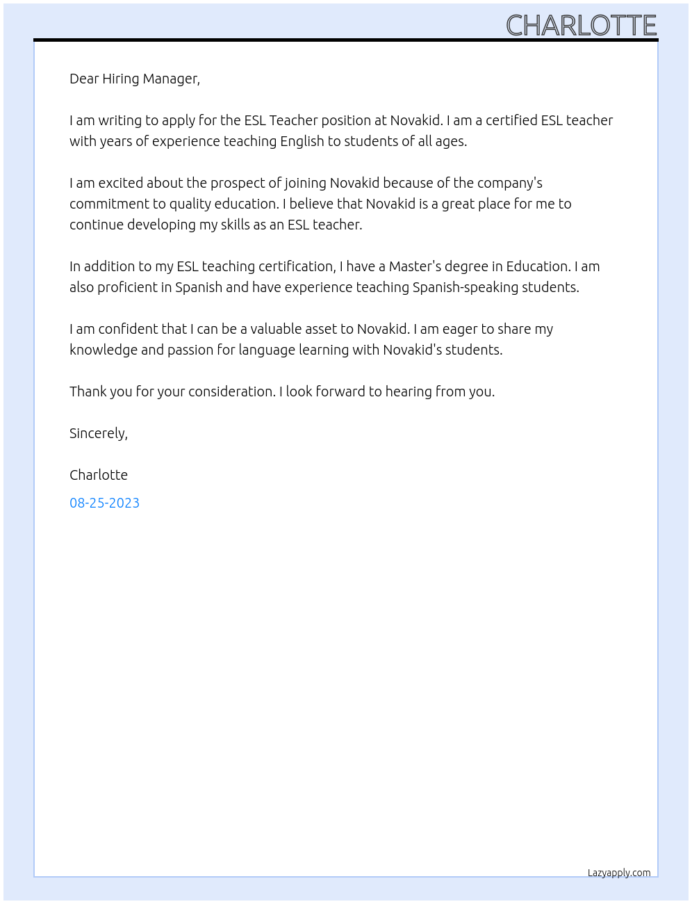 ESL Teacher At Novakid Cover Letter