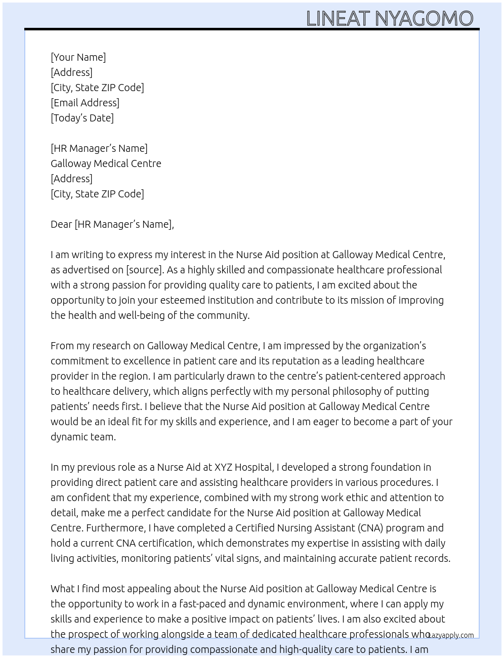 Nurse Aid  At Galloway Medical Centre Cover Letter