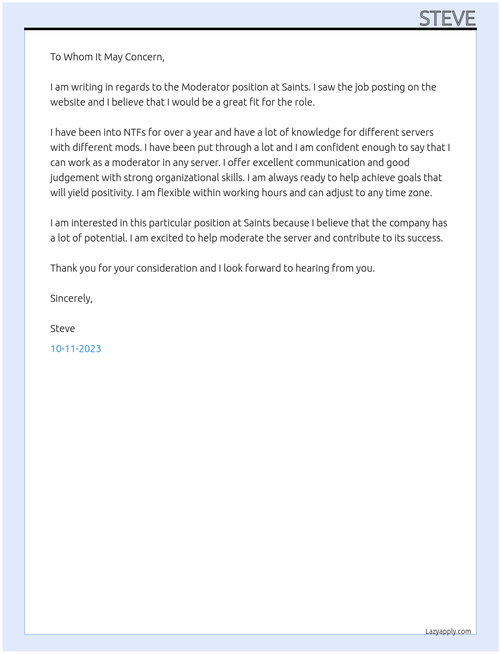 Moderator  At Saints Cover Letter