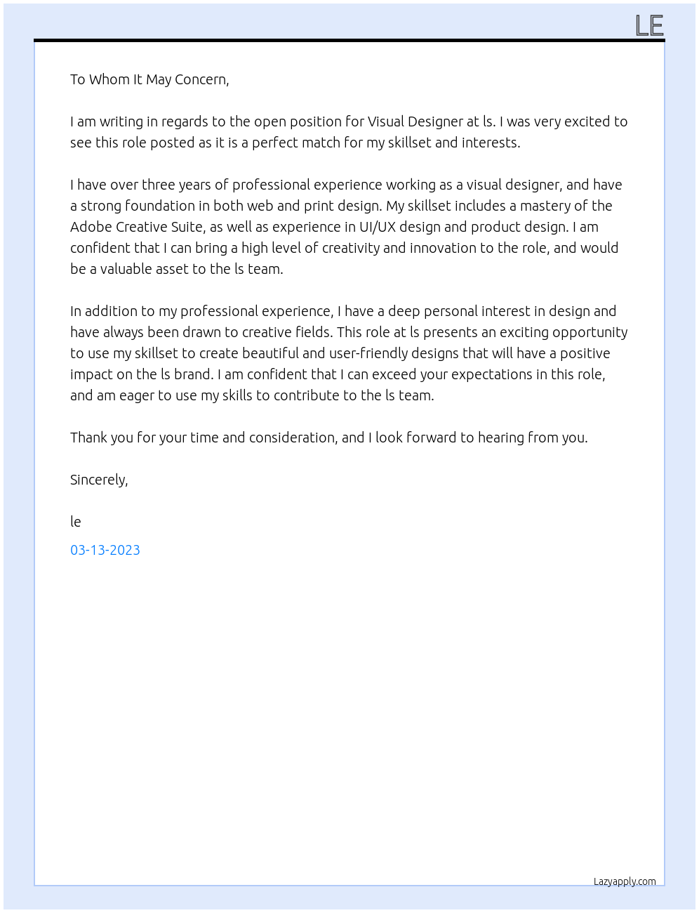 Visual Designer At ls Cover Letter