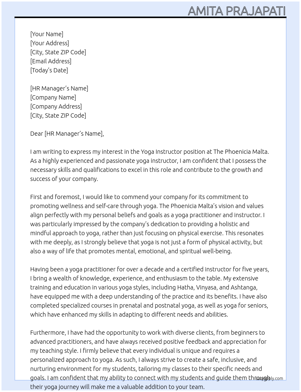 Yoga instructor At  The Phoenicia Malta Cover Letter