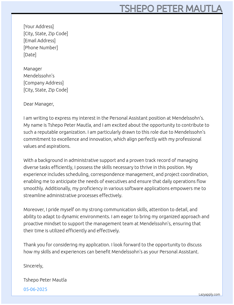 PERSONAL ASSISTANT At Mendelssohn's Cover Letter