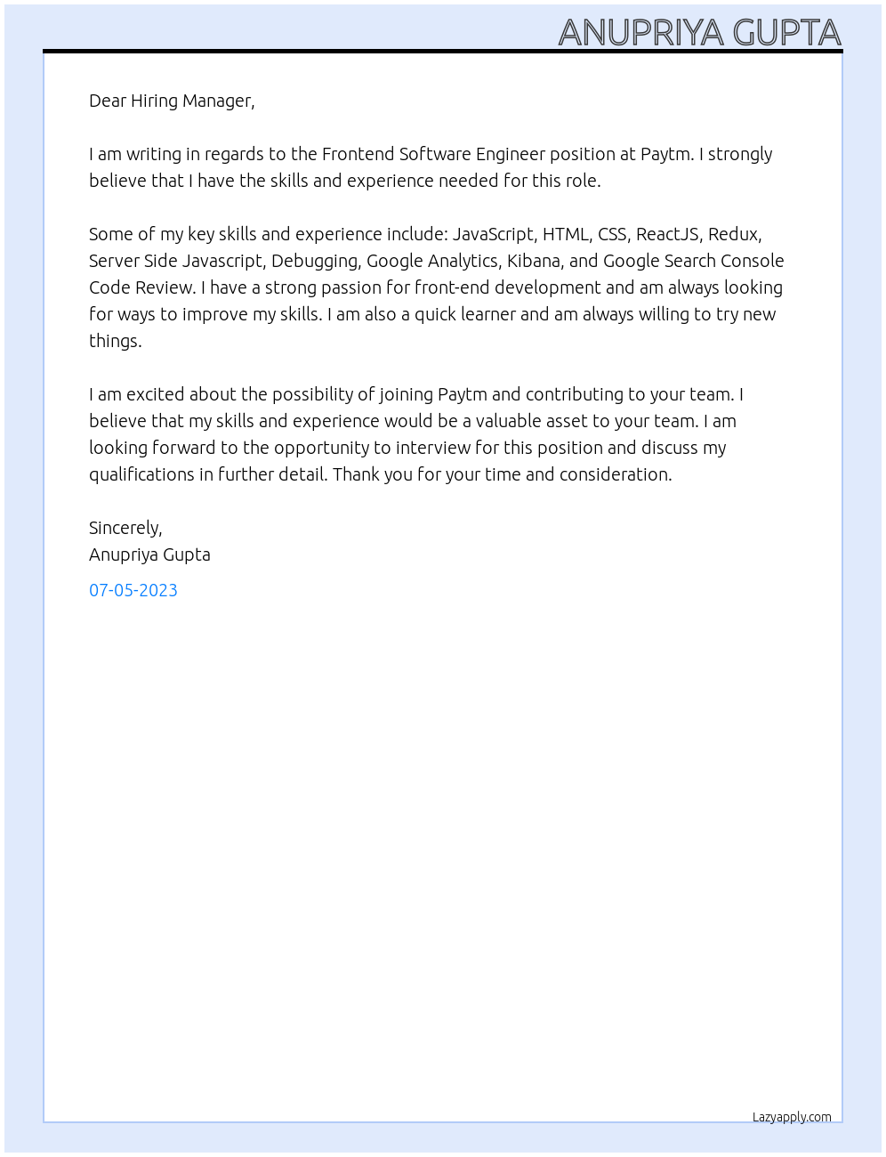 Frontend - Software Engineer At Paytm Cover Letter