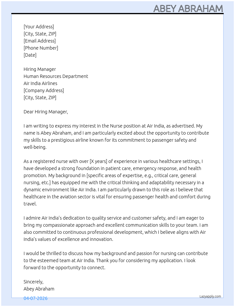 Nurse At Air India Cover Letter