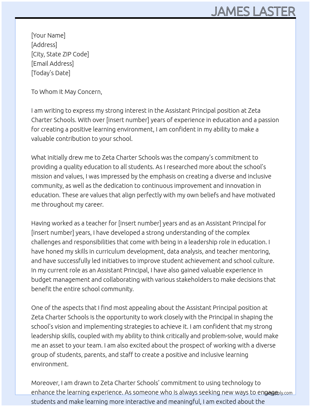 Assistant Principal At Zeta Charter Schools Cover Letter