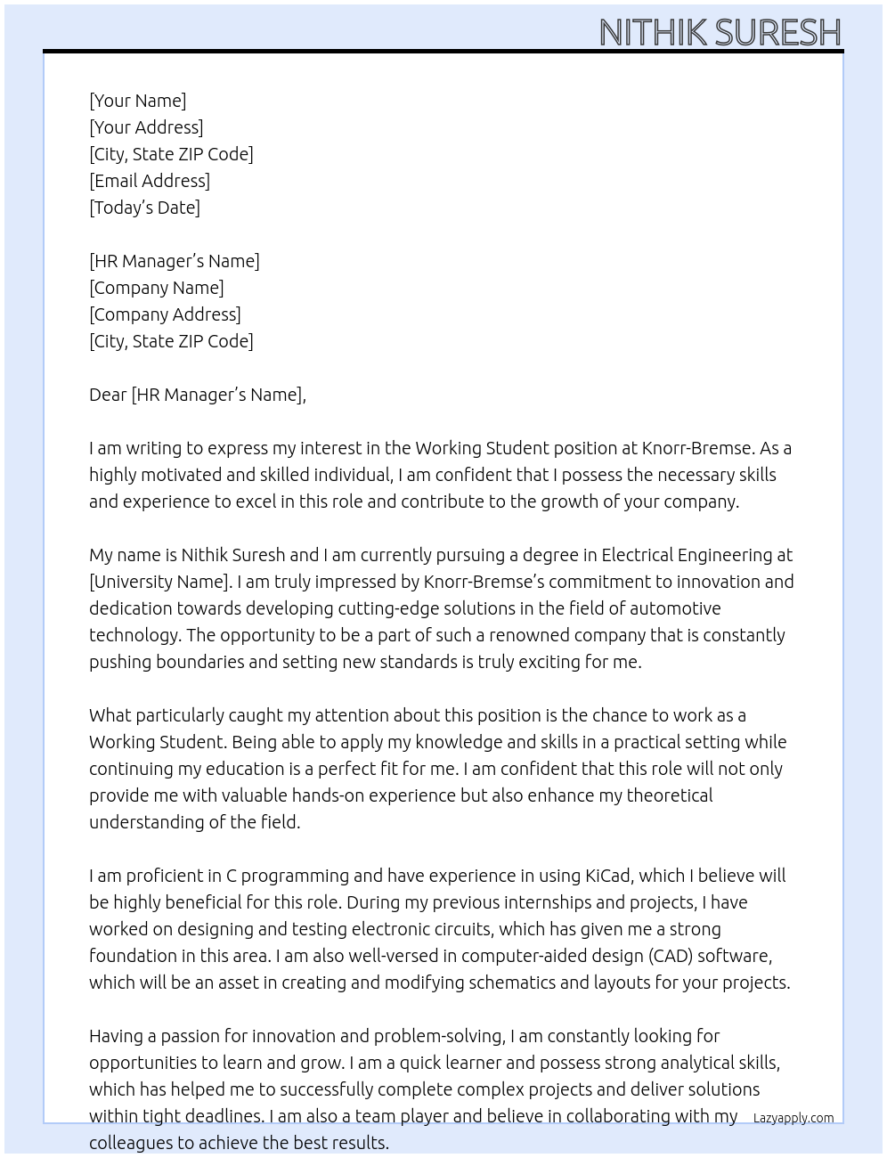 Working Student At knorr-bremse Cover Letter