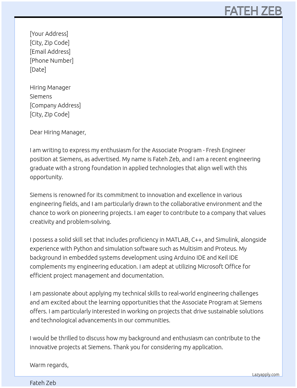 Cover letter for associate program fresh engineer - LazyApply