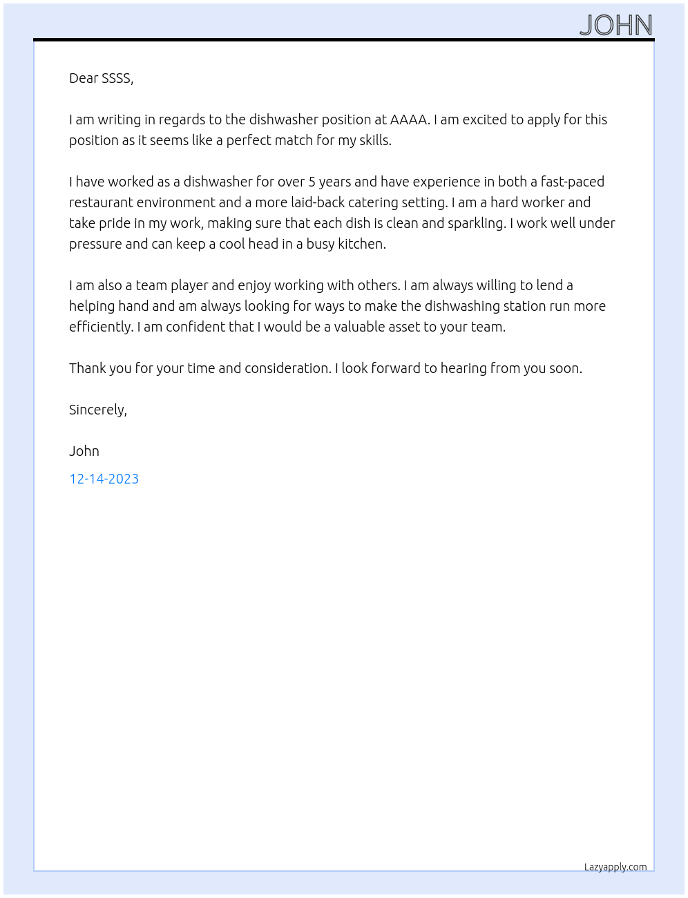 DISHWASHER At AAAA Cover Letter