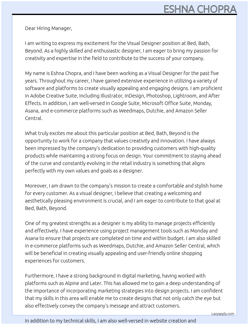 Visual Designer  At Bed, Bath, Beyond Cover Letter