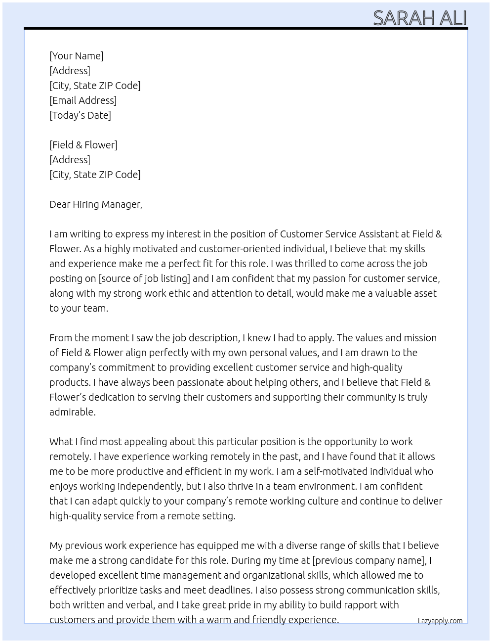 Customer service assistant At Field & Flower Cover Letter