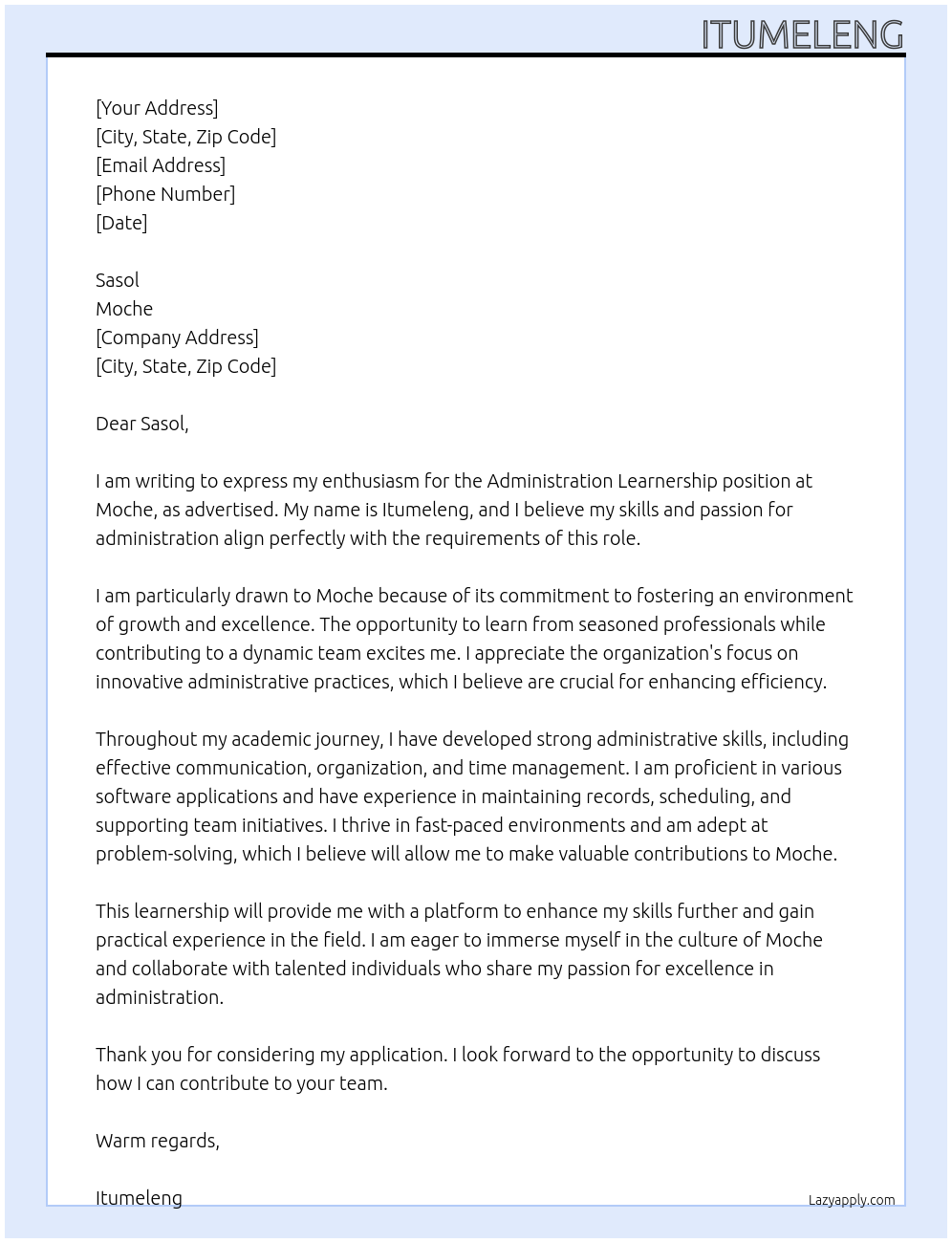 Administration Learnership At Moche Cover Letter