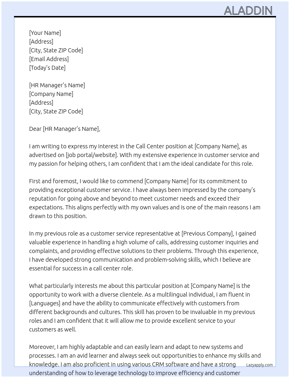 Call Center At Xyz Cover Letter