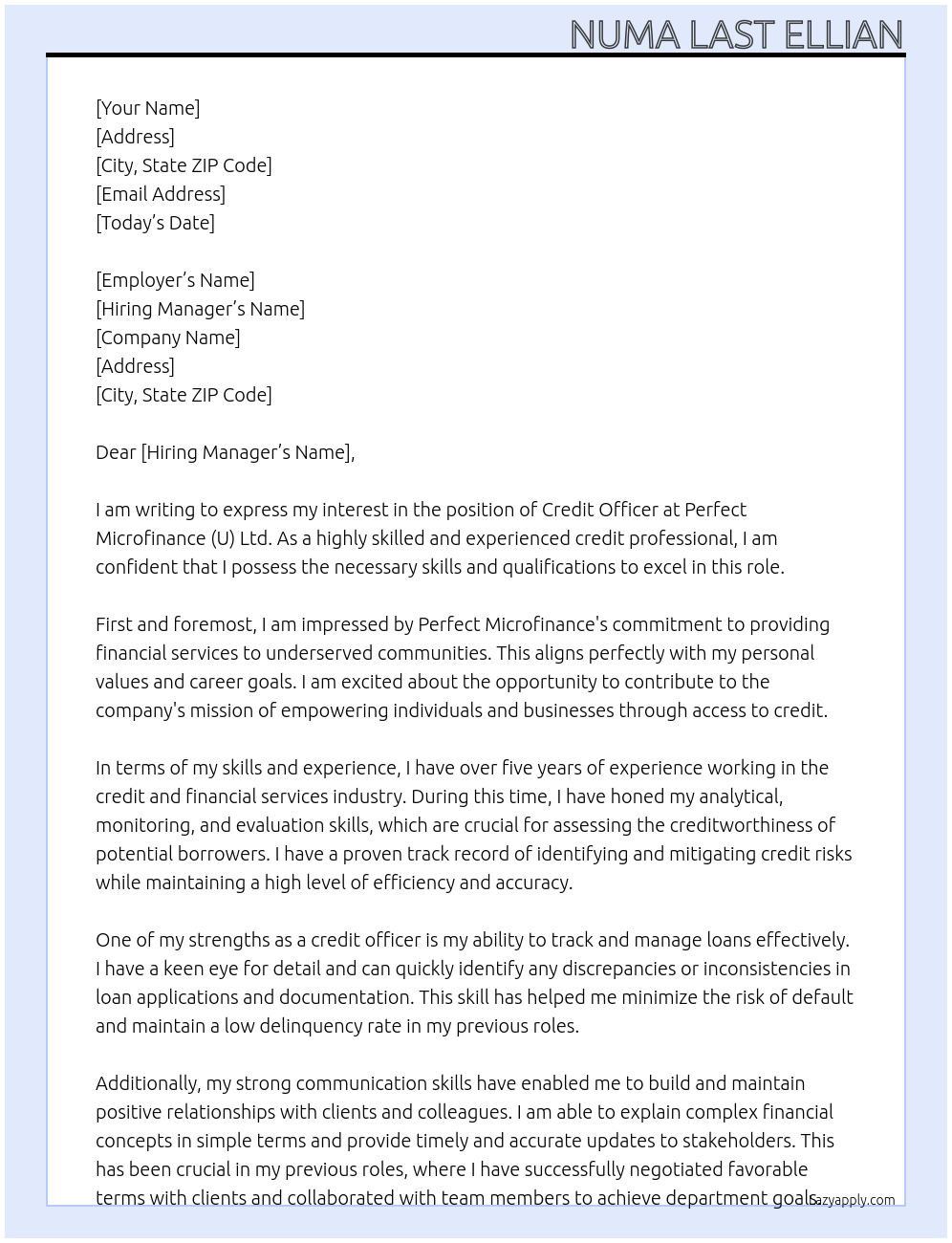 Credit officer At Perfect microfinance (U) Ltd Cover Letter