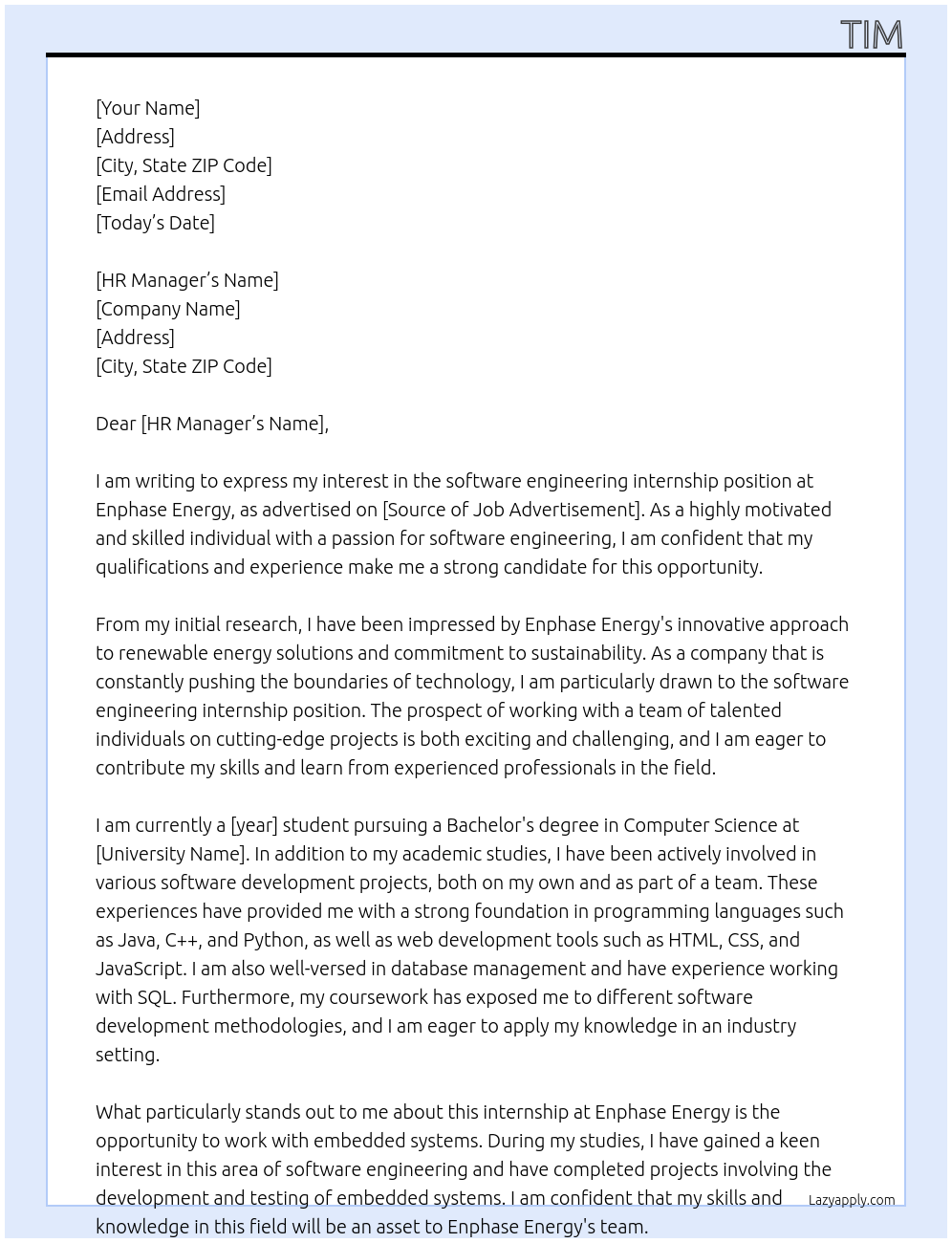 software engineering internship At Enphase Energy Cover Letter