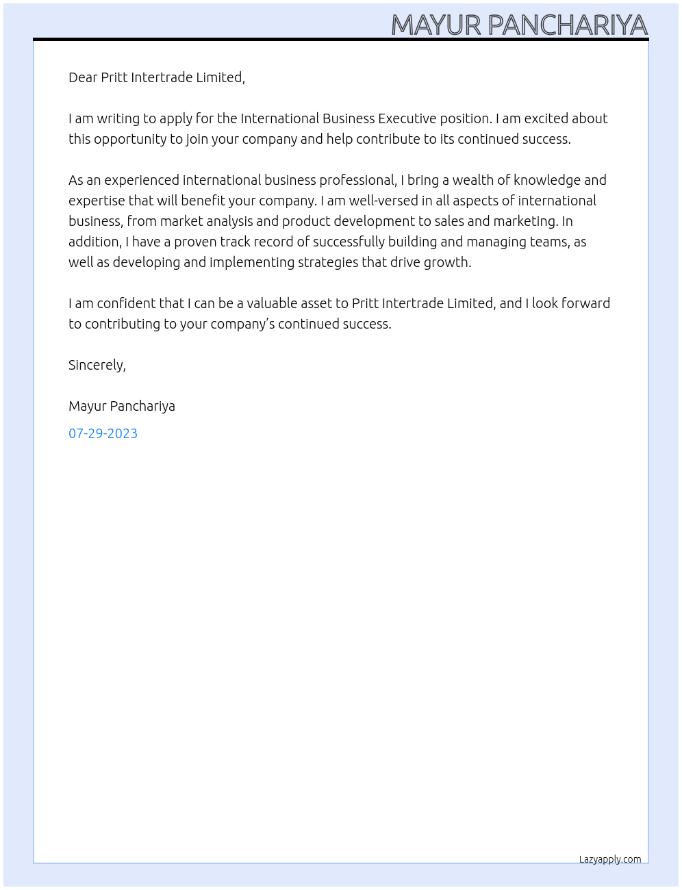 International Business Executive  At Pritt Intertrade Limited Cover Letter