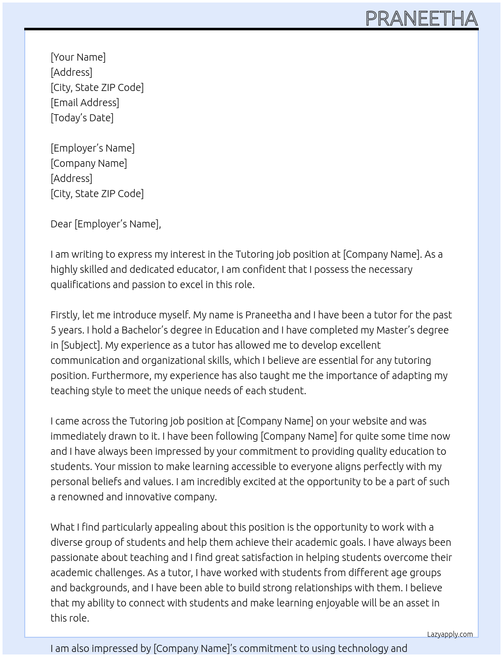 Tutoring job At google.com Cover Letter