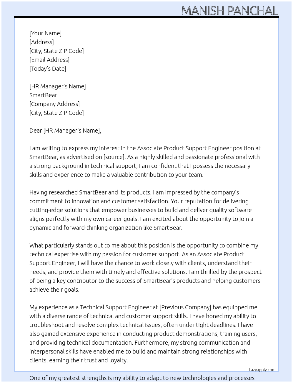 Associate Product Support Engineer At SmartBear Cover Letter