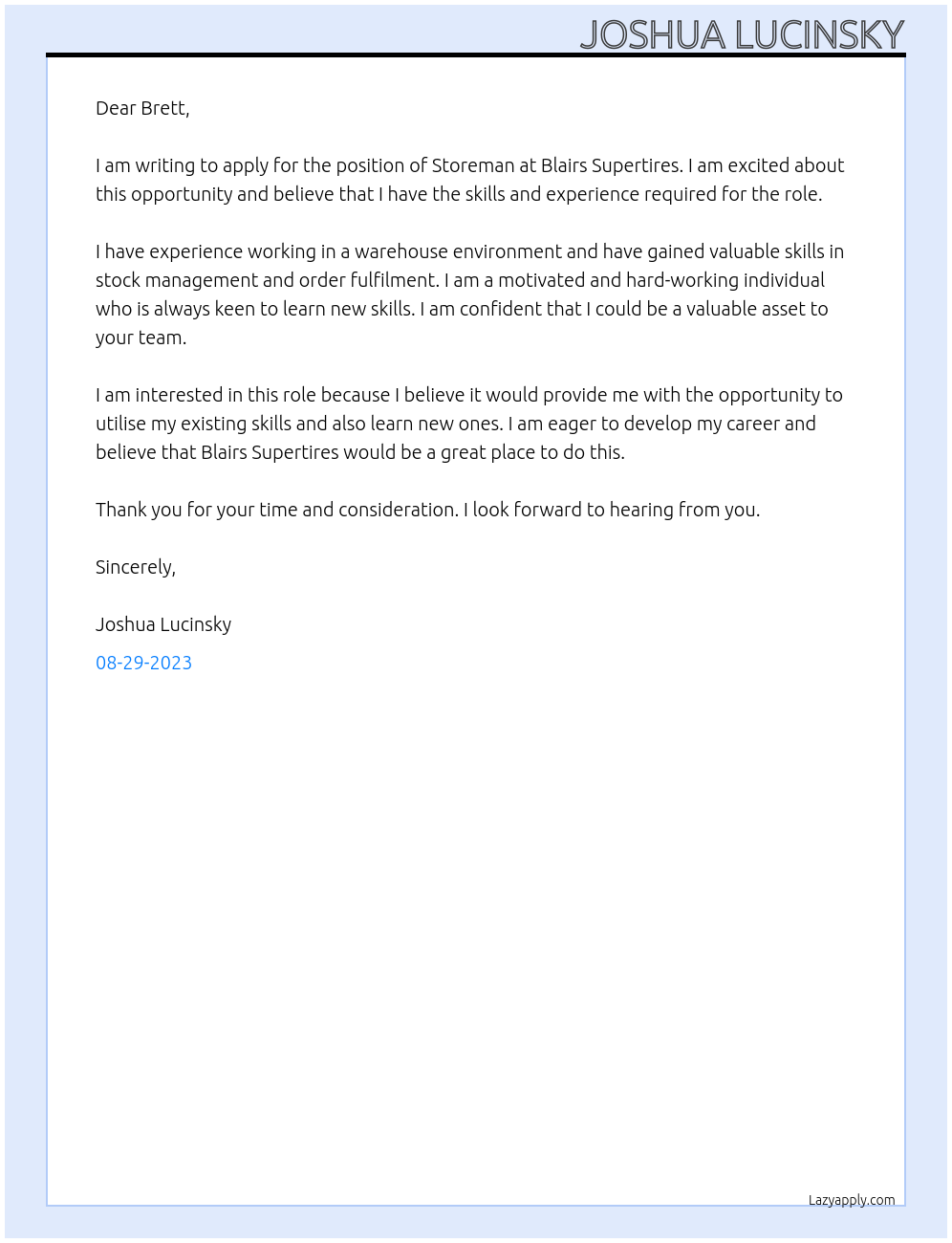 Storeman At Blairs Supertires Cover Letter