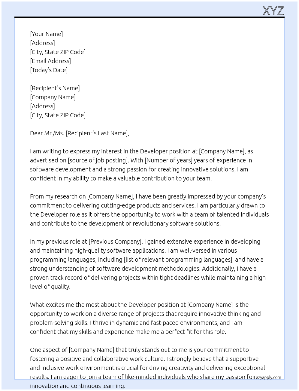 Developer At Xyz Cover Letter