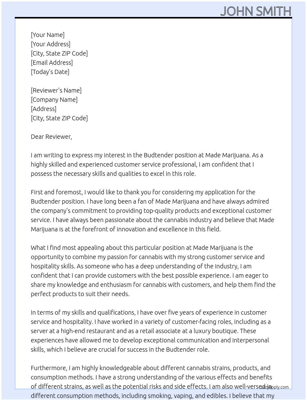 Budtender At Made Marijuana Cover Letter