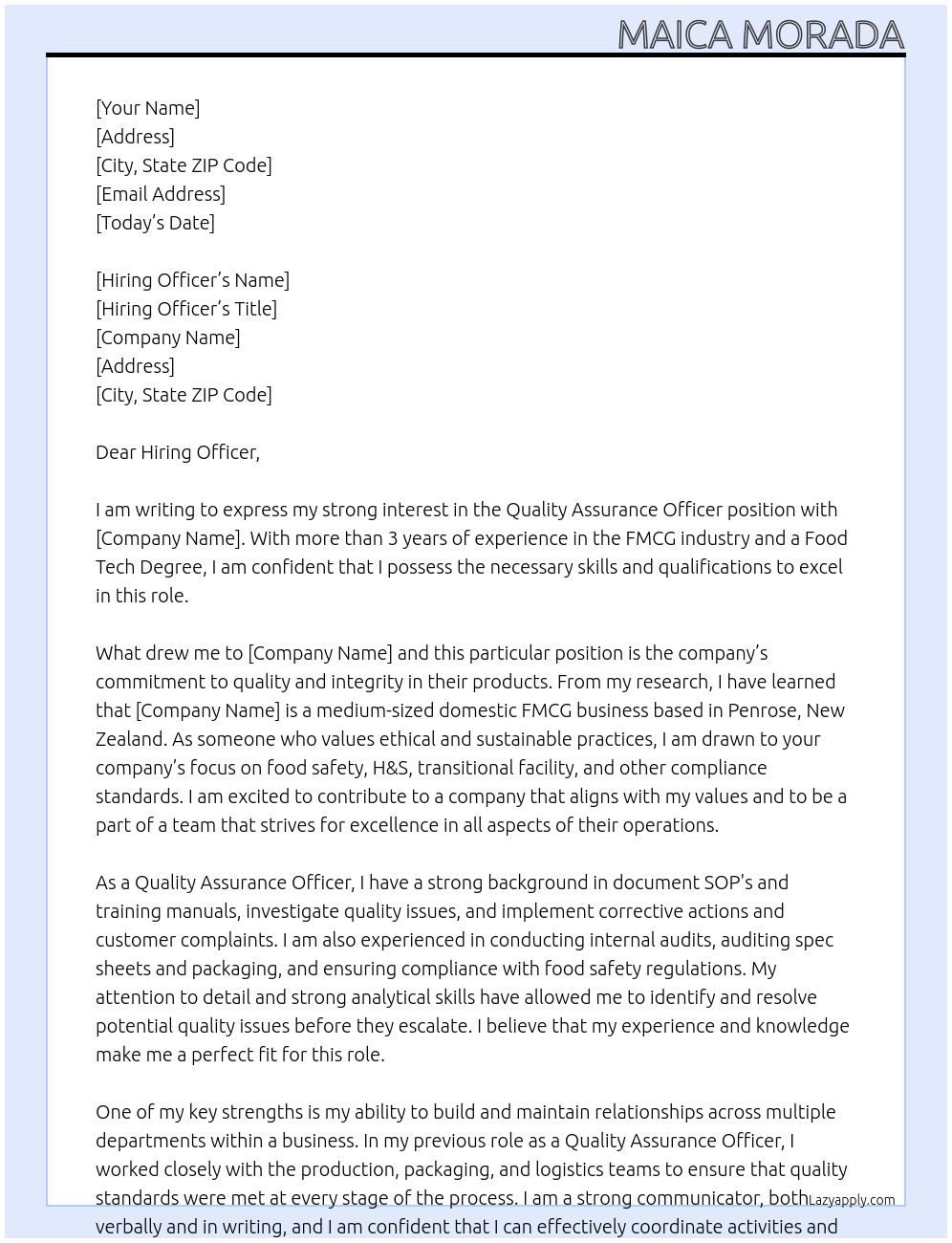 quality assurance officer At meat Cover Letter