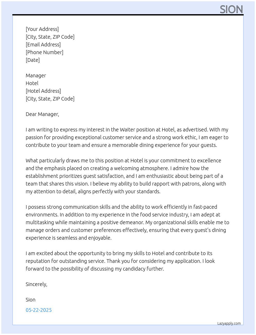 Waiter At Hotel Cover Letter