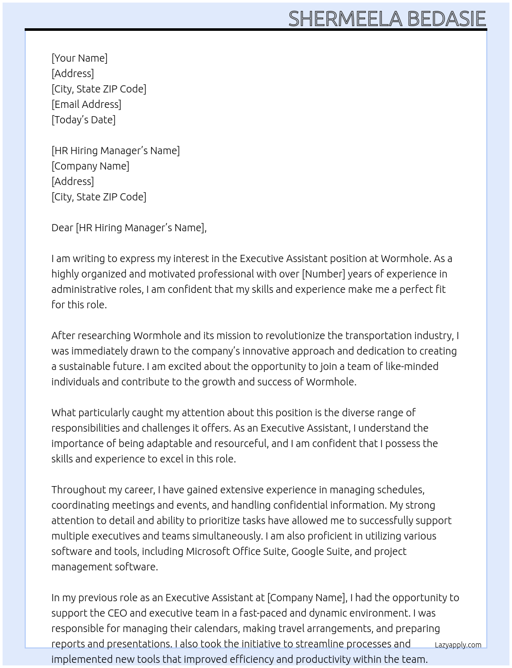Executive Assistant At Wormhole Cover Letter