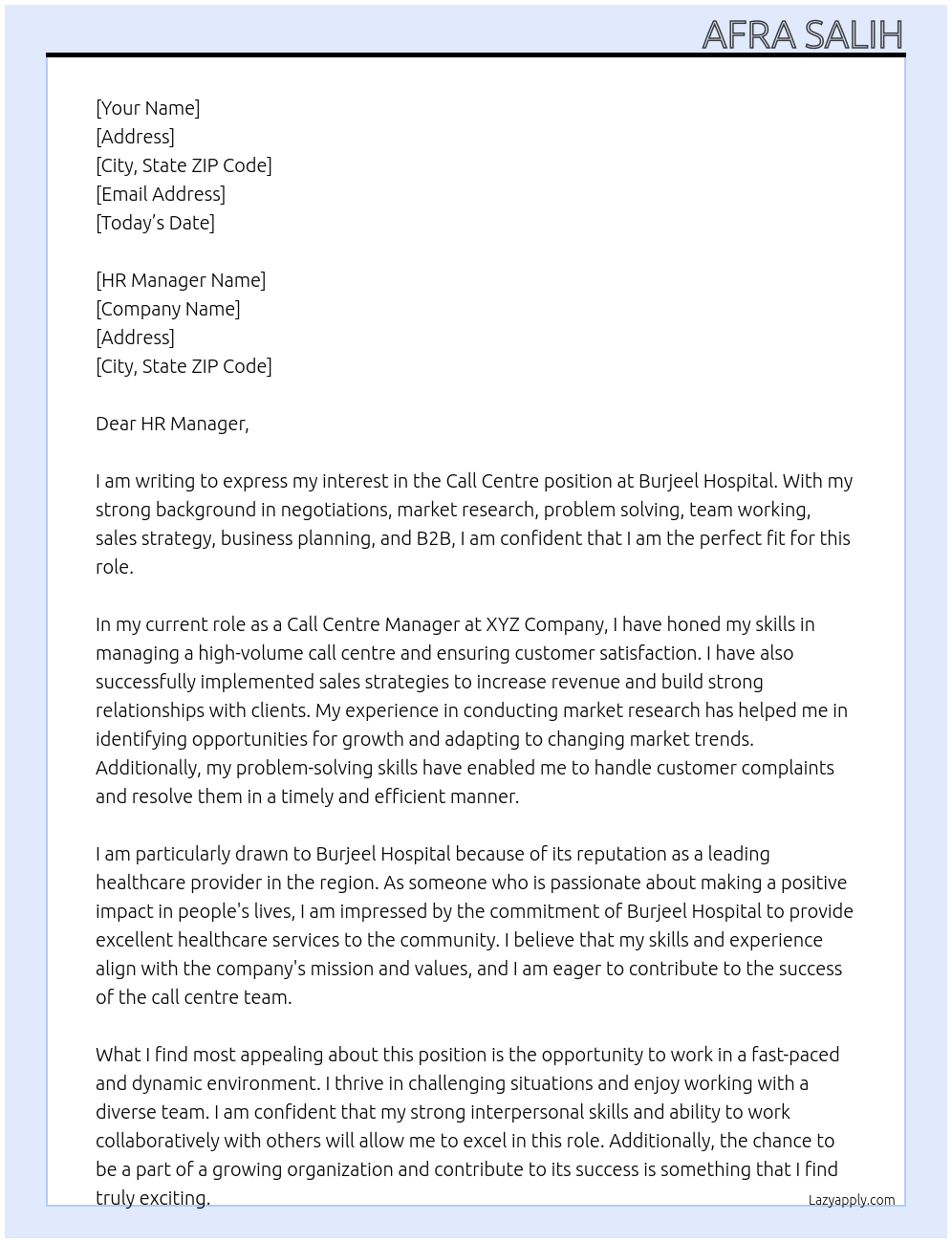 Call centre At Burjeel hospital Cover Letter